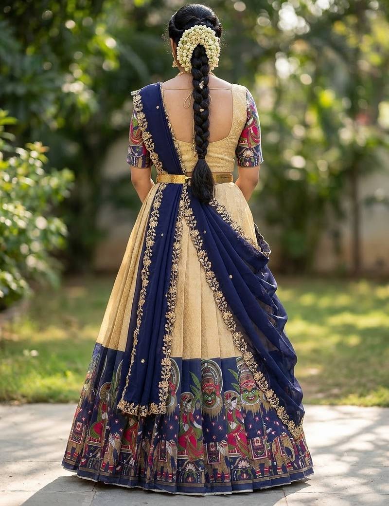 South Indian Style Half Saree with Blouse and Dupatta