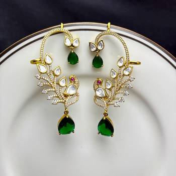 Gold Peacock Ear Cuff Earrings, Emerald Green Kundan Ear Climber,Bridal Statement Earrings 2