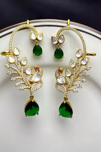 Gold Peacock Ear Cuff Earrings, Emerald Green Kundan Ear Climber,Bridal Statement Earrings