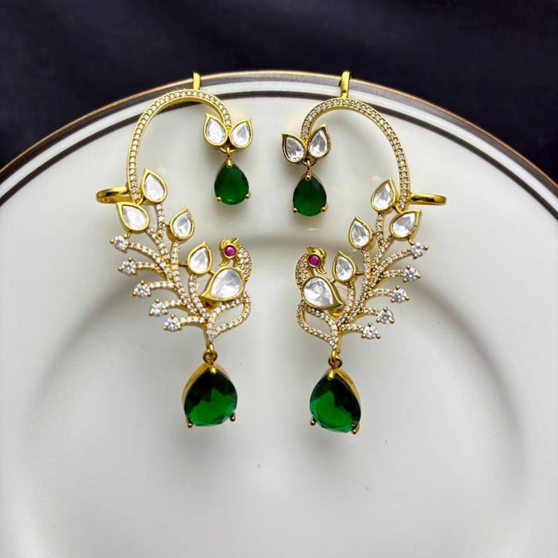 Gold Peacock Ear Cuff Earrings, Emerald Green Kundan Ear Climber,Bridal Statement Earrings