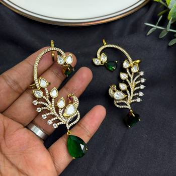 Gold Peacock Ear Cuff Earrings, Emerald Green Kundan Ear Climber,Bridal Statement Earrings 3