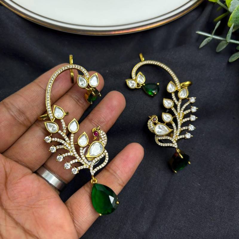 Gold Peacock Ear Cuff Earrings, Emerald Green Kundan Ear Climber,Bridal Statement Earrings