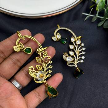 Gold Peacock Ear Cuff Earrings, Emerald Green Kundan Ear Climber,Bridal Statement Earrings 4