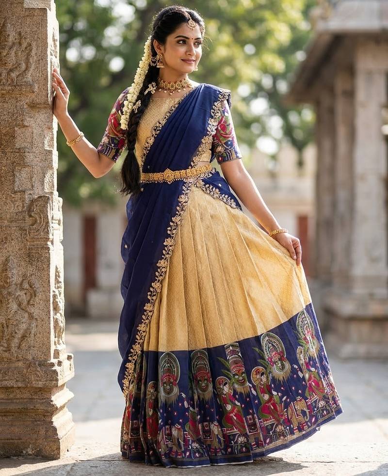 South Indian Style Half Saree with Blouse and Dupatta
