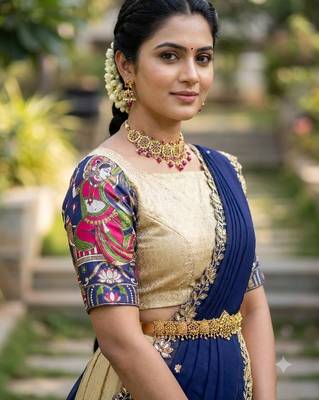 South Indian Style Half Saree with Blouse and Dupatta 4