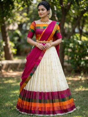 Beautiful South Indian Style Semi-Stitched Half Saree with Blouse and Dupatta for Women 1