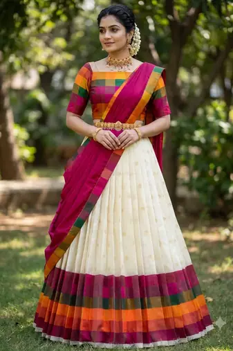 Beautiful South Indian Style Semi-Stitched Half Saree with Blouse and Dupatta for Women