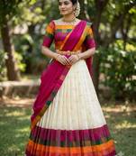 Beautiful South Indian Style Semi-Stitched Half Saree with Blouse and Dupatta for Women