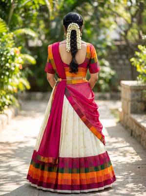 Beautiful South Indian Style Semi-Stitched Half Saree with Blouse and Dupatta for Women 2