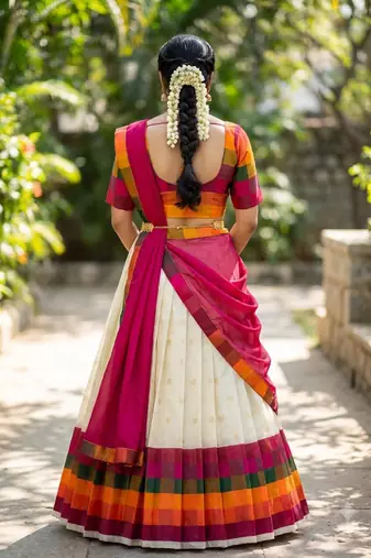 Beautiful South Indian Style Semi-Stitched Half Saree with Blouse and Dupatta for Women