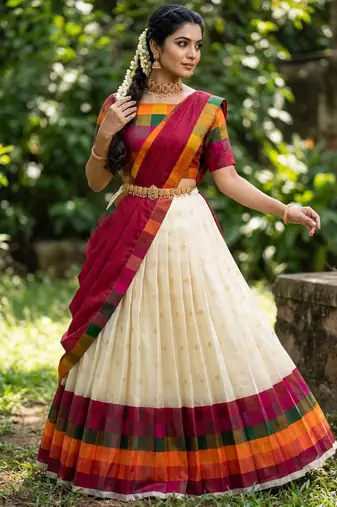 Beautiful South Indian Style Semi-Stitched Half Saree with Blouse and Dupatta for Women