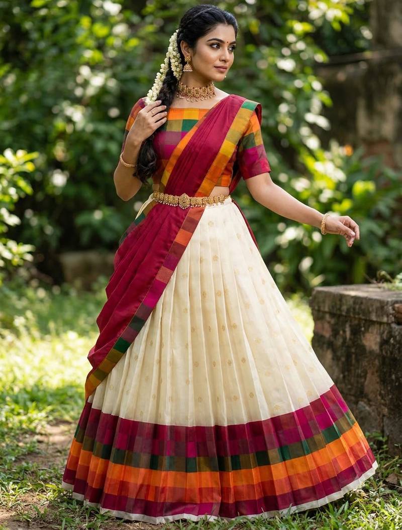Beautiful South Indian Style Semi-Stitched Half Saree with Blouse and Dupatta for Women