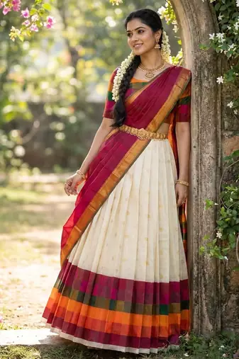 Beautiful South Indian Style Semi-Stitched Half Saree with Blouse and Dupatta for Women