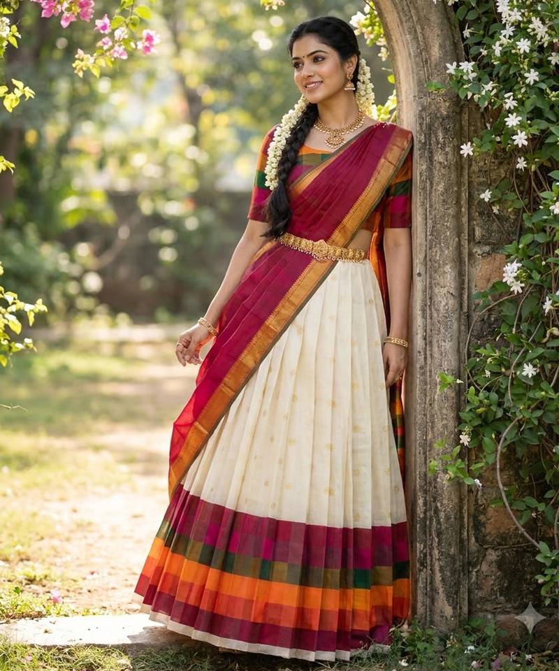 Beautiful South Indian Style Semi-Stitched Half Saree with Blouse and Dupatta for Women
