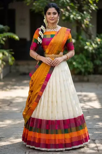 South Indian Style Half Saree with Blouse and Dupatta