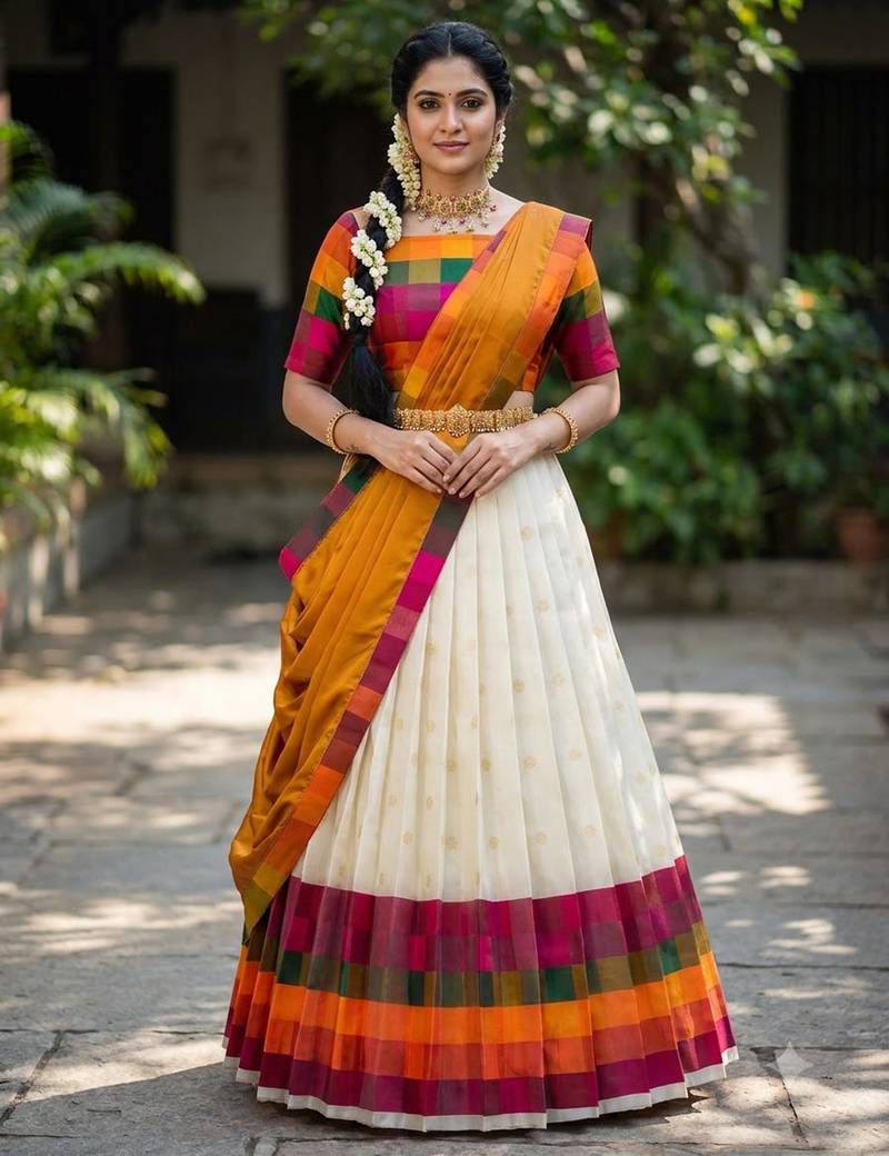 South Indian Style Half Saree with Blouse and Dupatta