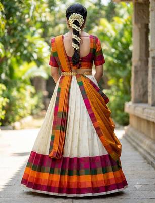 South Indian Style Half Saree with Blouse and Dupatta 2