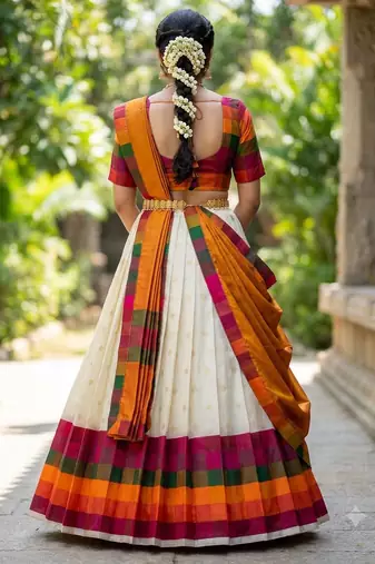 South Indian Style Half Saree with Blouse and Dupatta
