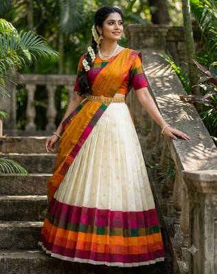 South Indian Style Half Saree with Blouse and Dupatta 3