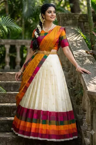 South Indian Style Half Saree with Blouse and Dupatta