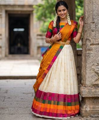 South Indian Style Half Saree with Blouse and Dupatta 4