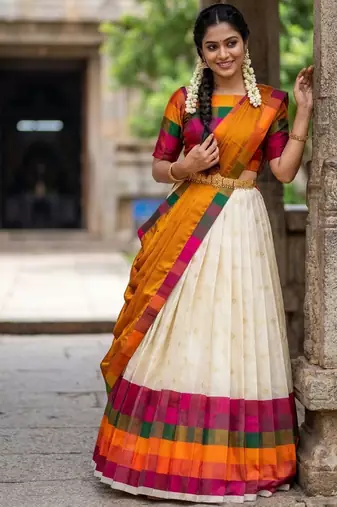 South Indian Style Half Saree with Blouse and Dupatta