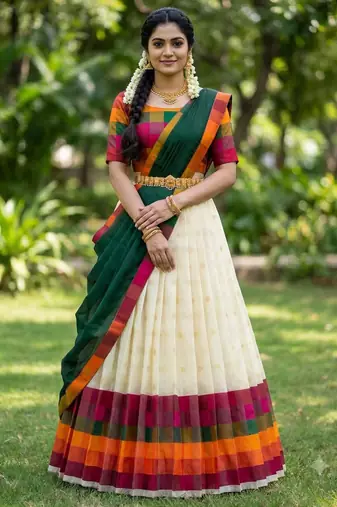 South Indian Style Half Saree with Blouse and Dupatta