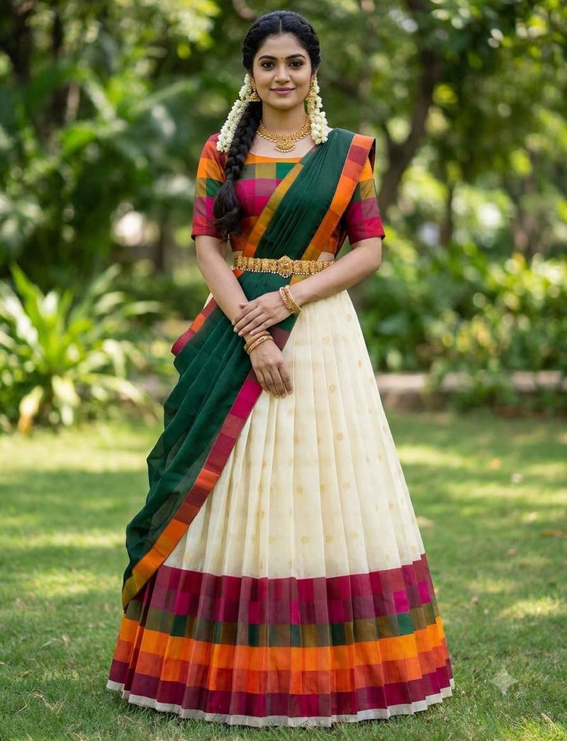 South Indian Style Half Saree with Blouse and Dupatta