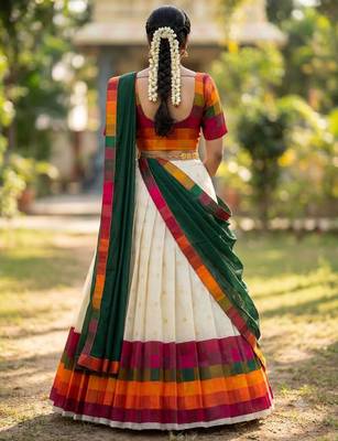 South Indian Style Half Saree with Blouse and Dupatta 2