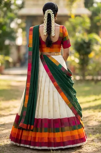 South Indian Style Half Saree with Blouse and Dupatta