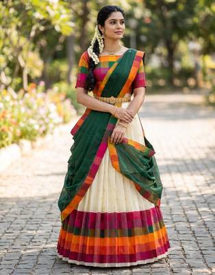 South Indian Style Half Saree with Blouse and Dupatta 3