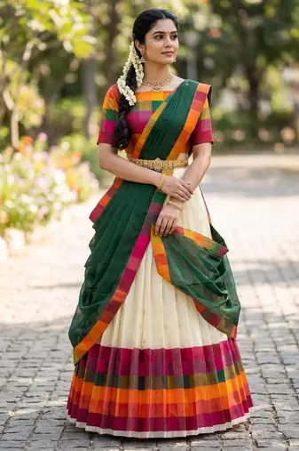 South Indian Style Half Saree with Blouse and Dupatta