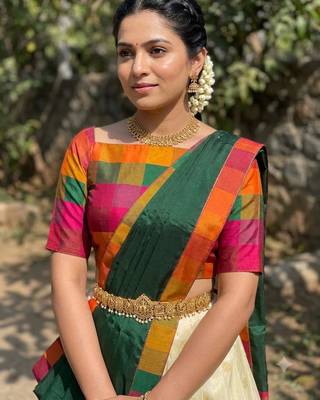 South Indian Style Half Saree with Blouse and Dupatta 4