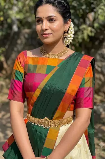 South Indian Style Half Saree with Blouse and Dupatta