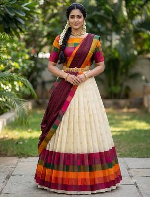 South Indian Style Half Saree with Blouse and Dupatta 1