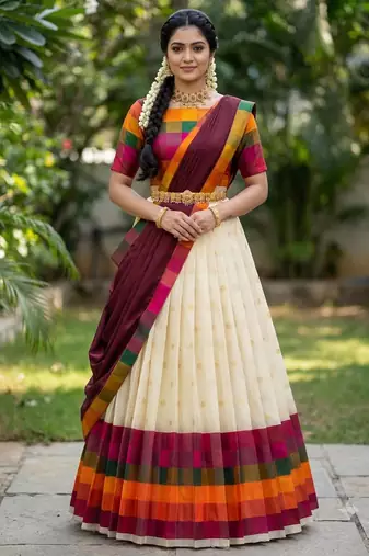 South Indian Style Half Saree with Blouse and Dupatta