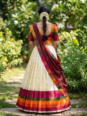 South Indian Style Half Saree with Blouse and Dupatta 2