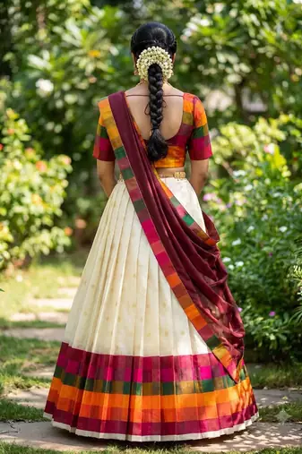 South Indian Style Half Saree with Blouse and Dupatta