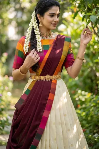 South Indian Style Half Saree with Blouse and Dupatta