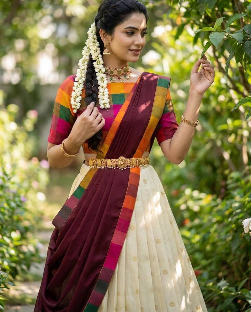 South Indian Style Half Saree with Blouse and Dupatta