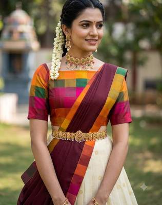 South Indian Style Half Saree with Blouse and Dupatta 4