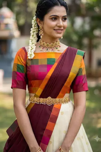 South Indian Style Half Saree with Blouse and Dupatta