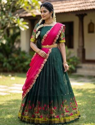 Beautiful South Indian Style Semi-Stitched Half Saree with Blouse and Dupatta for Women 1
