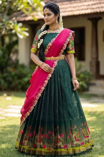 Beautiful South Indian Style Semi-Stitched Half Saree with Blouse and Dupatta for Women