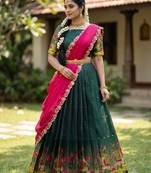 Beautiful South Indian Style Semi-Stitched Half Saree with Blouse and Dupatta for Women