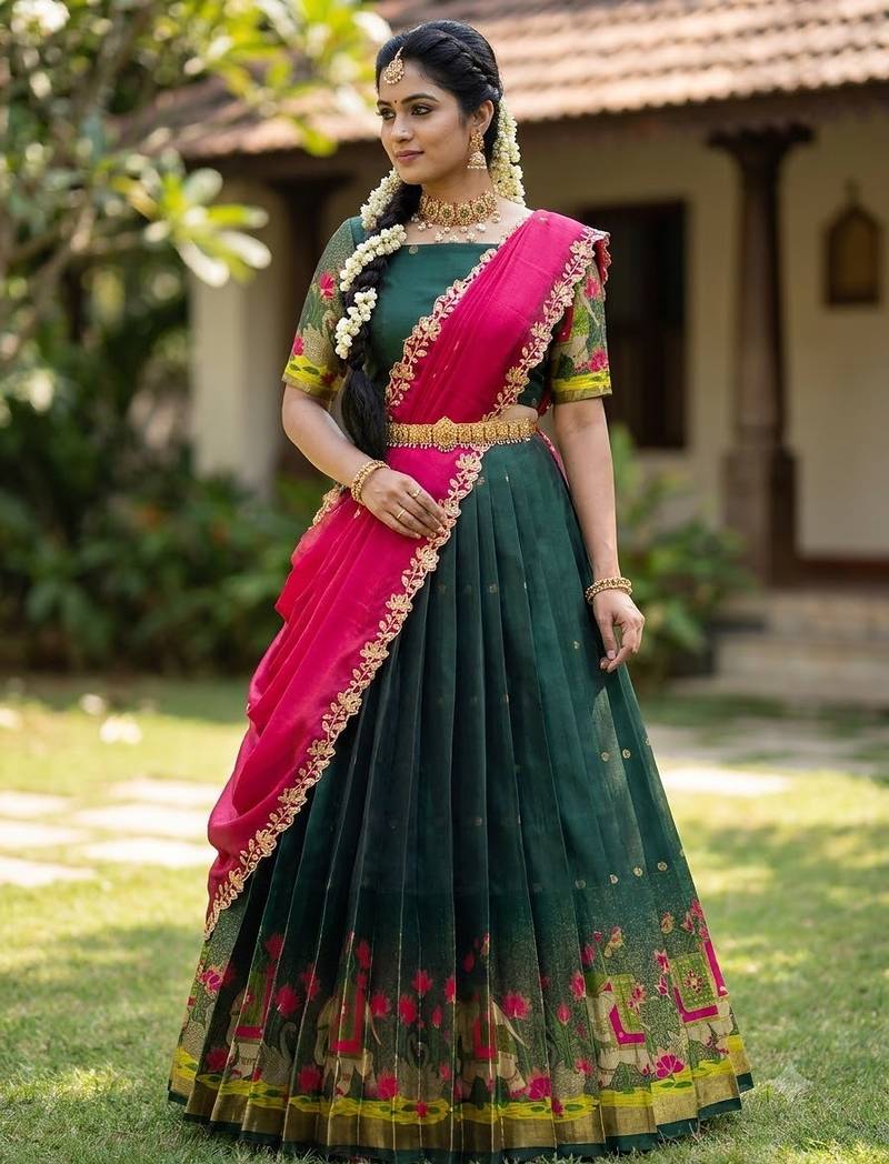 Beautiful South Indian Style Semi-Stitched Half Saree with Blouse and Dupatta for Women