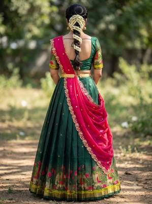 Beautiful South Indian Style Semi-Stitched Half Saree with Blouse and Dupatta for Women 2