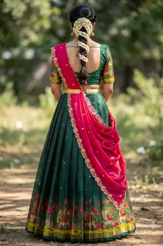 Beautiful South Indian Style Semi-Stitched Half Saree with Blouse and Dupatta for Women