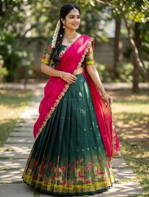 Beautiful South Indian Style Semi-Stitched Half Saree with Blouse and Dupatta for Women 3