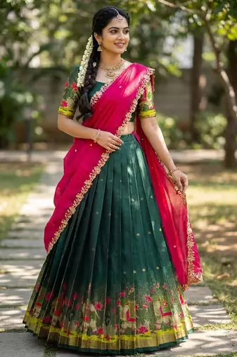 Beautiful South Indian Style Semi-Stitched Half Saree with Blouse and Dupatta for Women